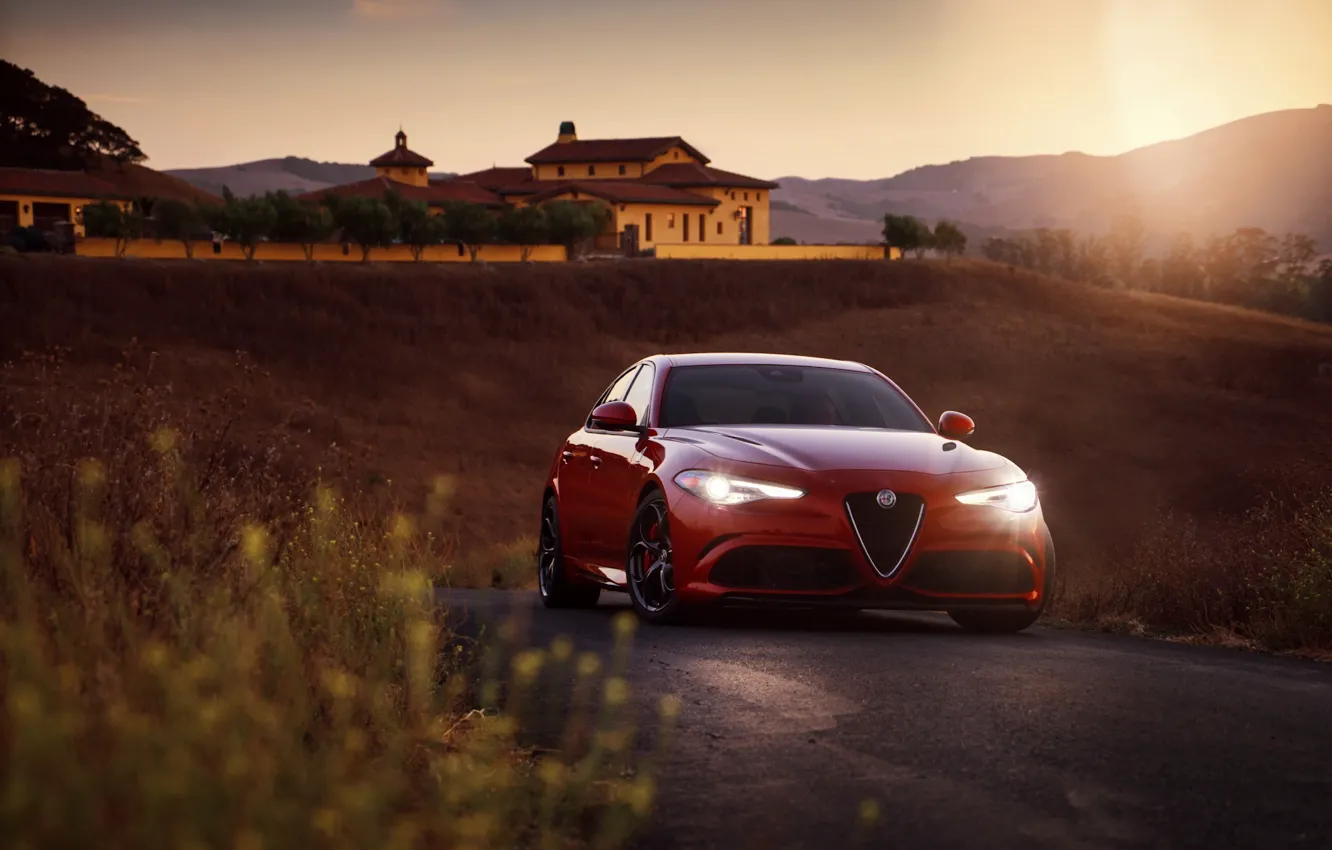 Photo wallpaper Alfa Romeo, Sun, Evening, Road, Julia GTA
