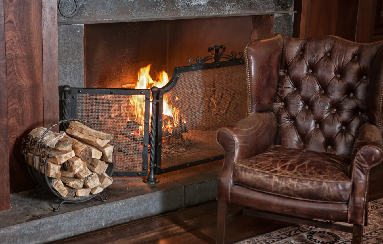 Photo wallpaper fire, chair, comfort, armchair, carpet, Domestic, firewood, bunch