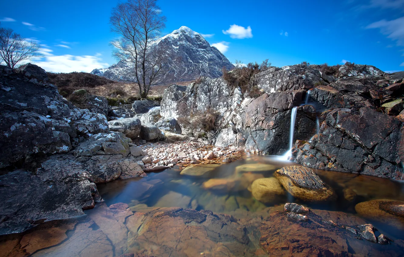 Photo wallpaper mountains, stream, stones, tree, waterfall, the bottom