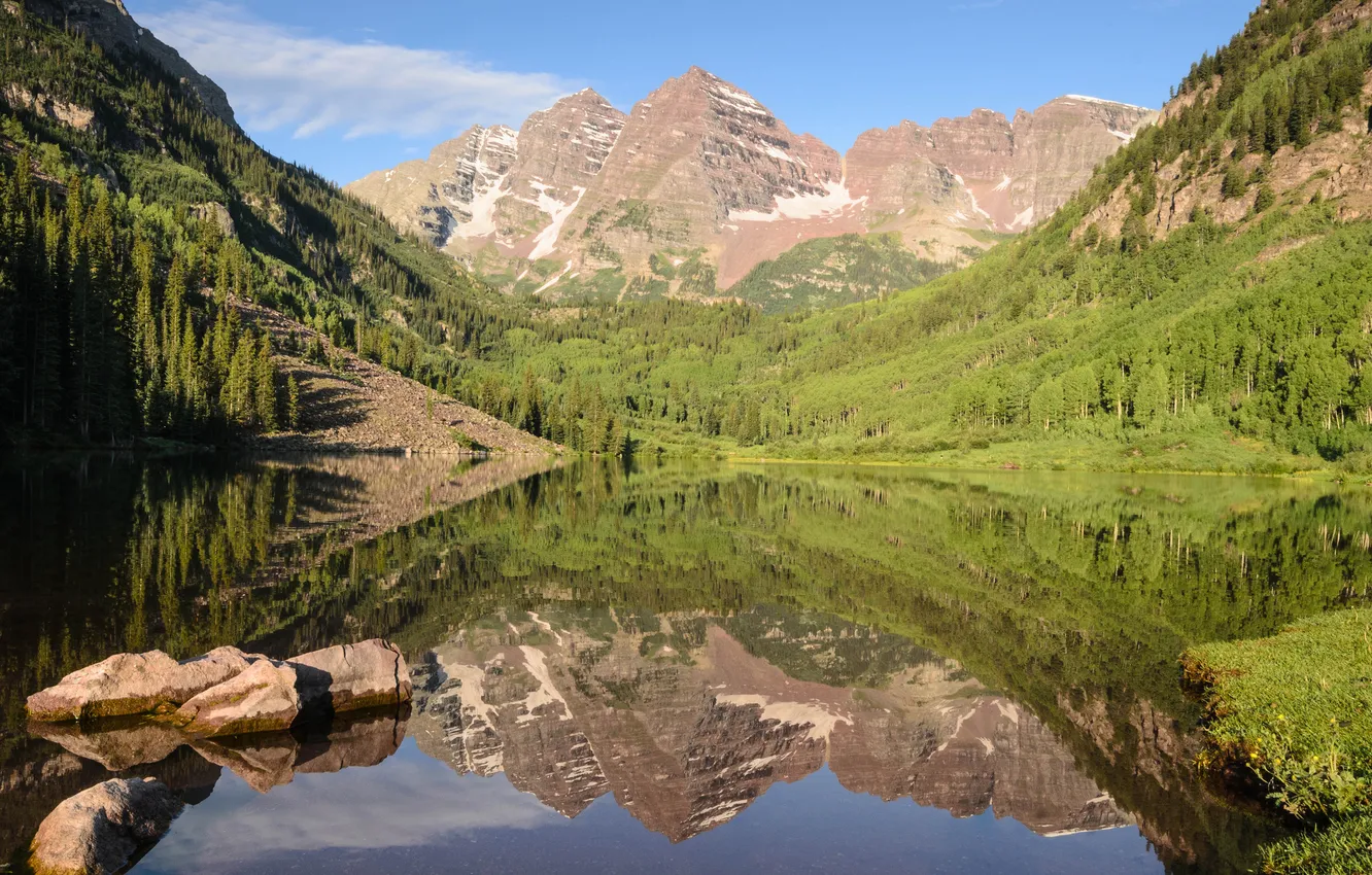 Photo wallpaper forest, mountains, lake, reflection, slope, Colorado, Maroon Lake, Maroon Bells