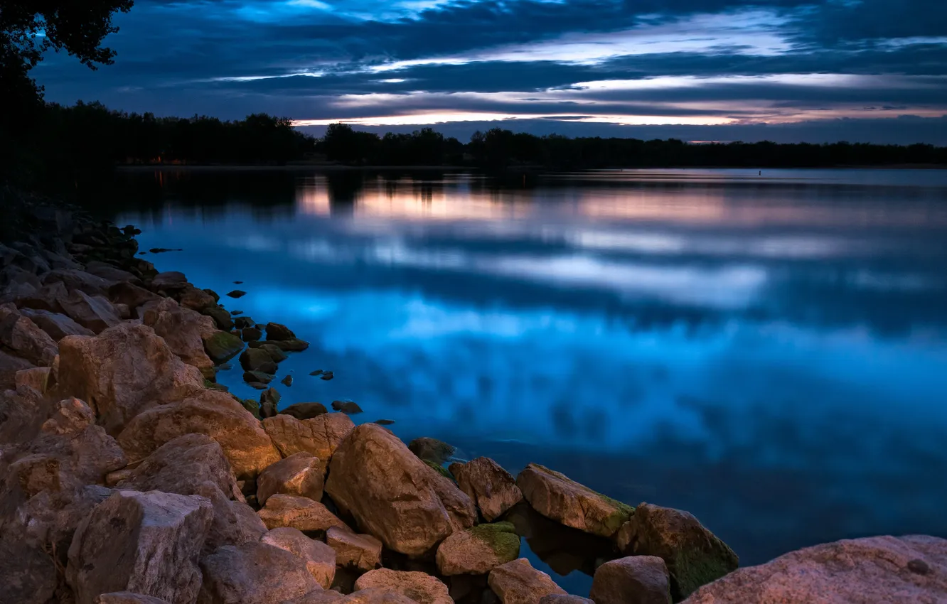 Photo wallpaper lake, stones, shore, the evening