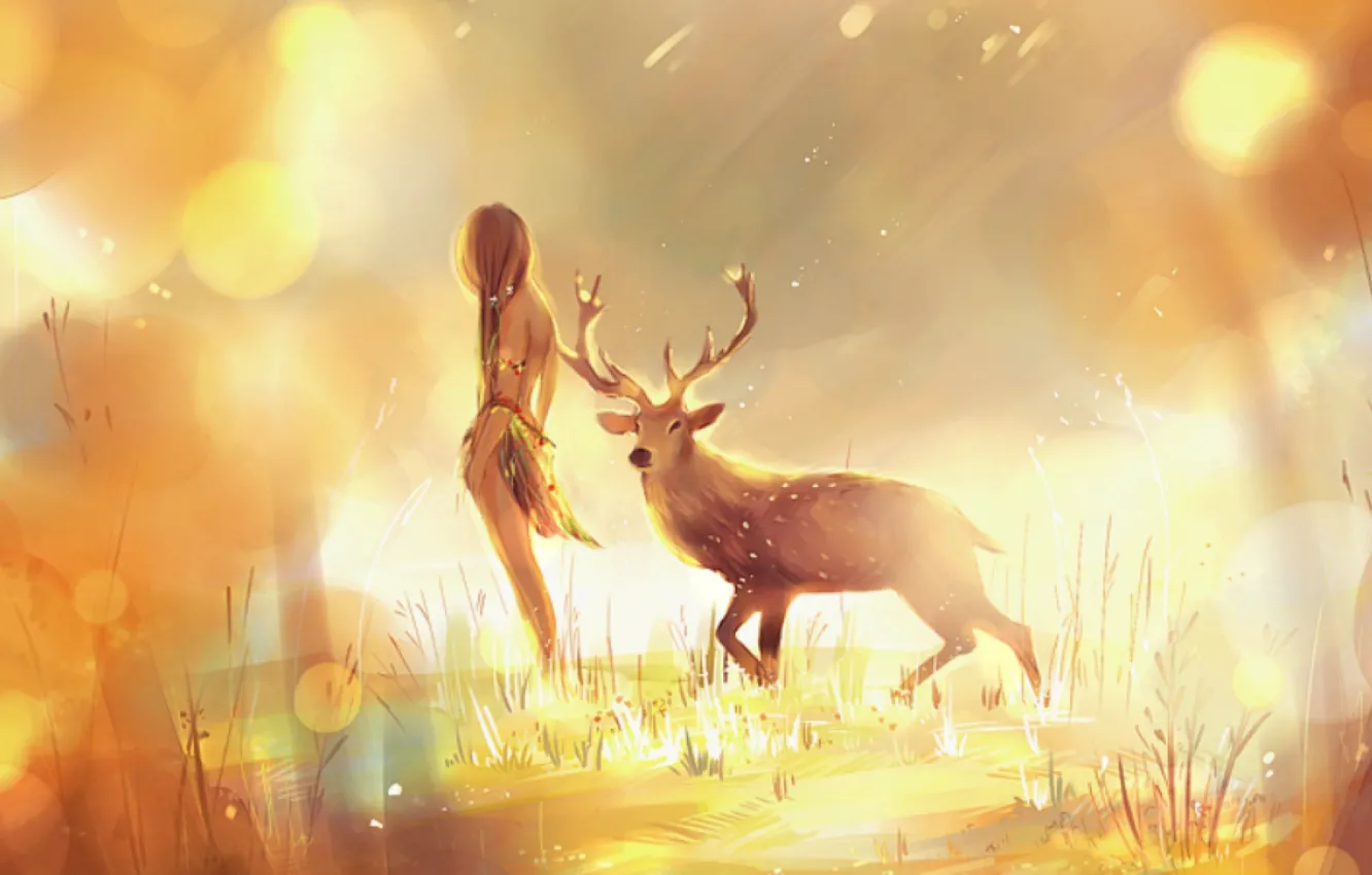 Photo wallpaper grass, light, lights, back, deer, meadow, girl, horns