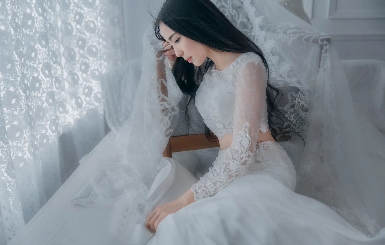 Photo wallpaper girl, face, pose, style, room, white, portrait, chair