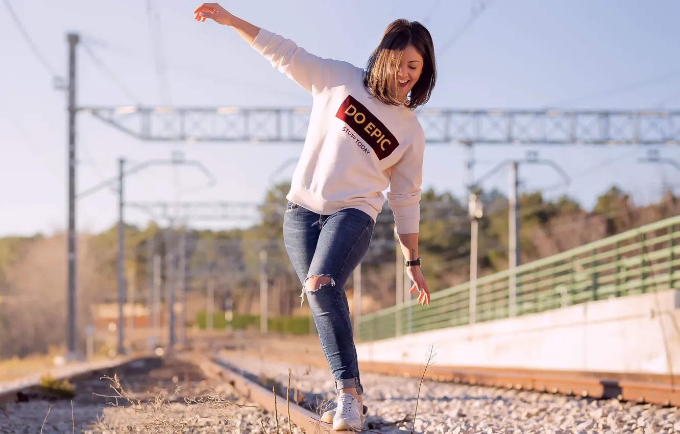 Photo wallpaper girl, pose, railroad