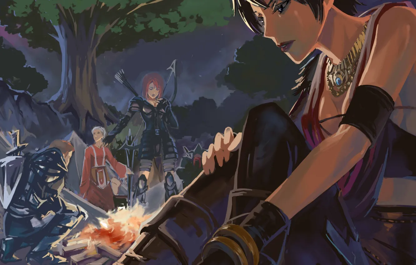 Photo wallpaper forest, trees, figure, the fire, Origins, Morrigan, Dragon Age, camp
