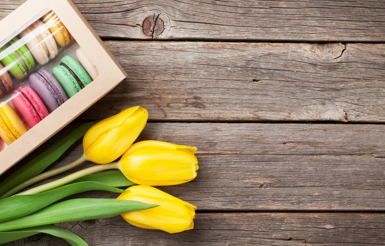 Photo wallpaper flowers, tulips, yellow, wood, flowers, tulips, gift, with love
