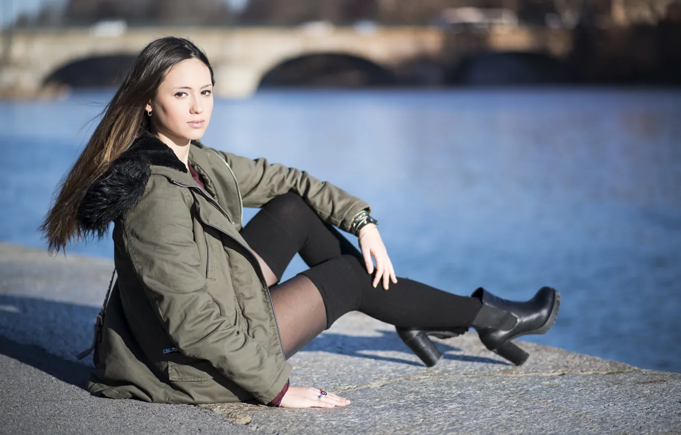 Photo wallpaper look, model, jacket, legs, sitting, Giorgia