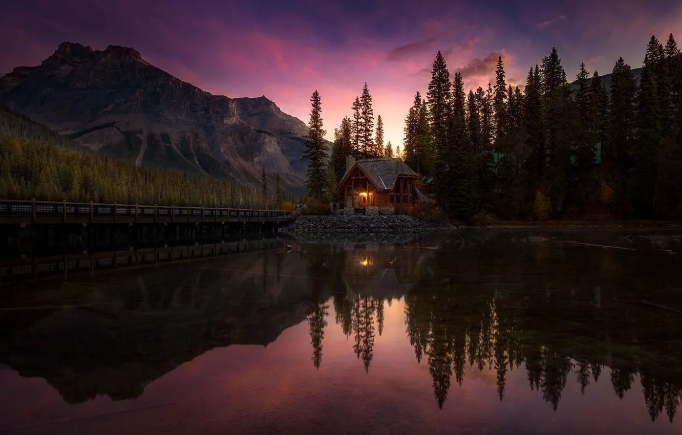 Photo wallpaper the sky, light, sunset, mountains, comfort, lake, reflection, the evening
