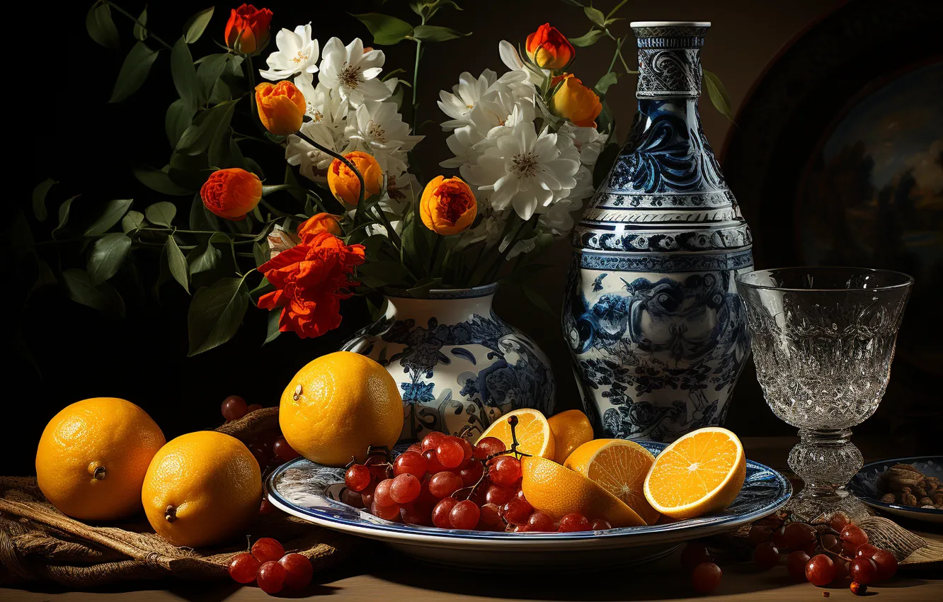 Photo wallpaper leaves, light, flowers, orange, the dark background, table, wine, glass