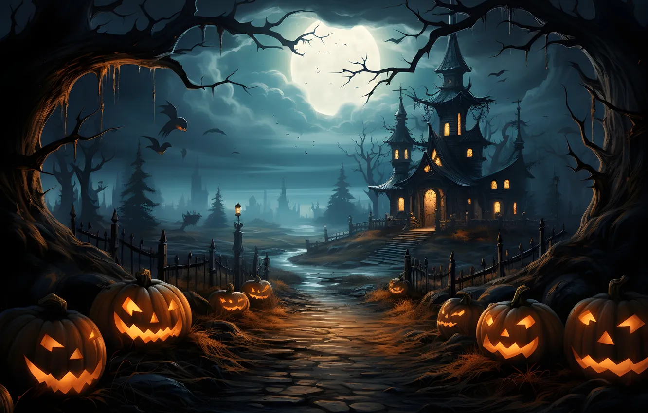 Photo wallpaper road, trees, night, clouds, lights, the moon, home, lights