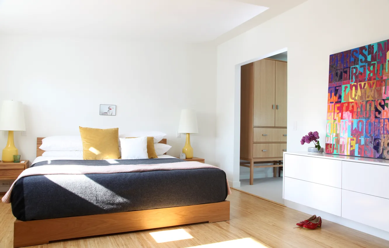 Photo wallpaper room, bed, shoes, picture, pillow