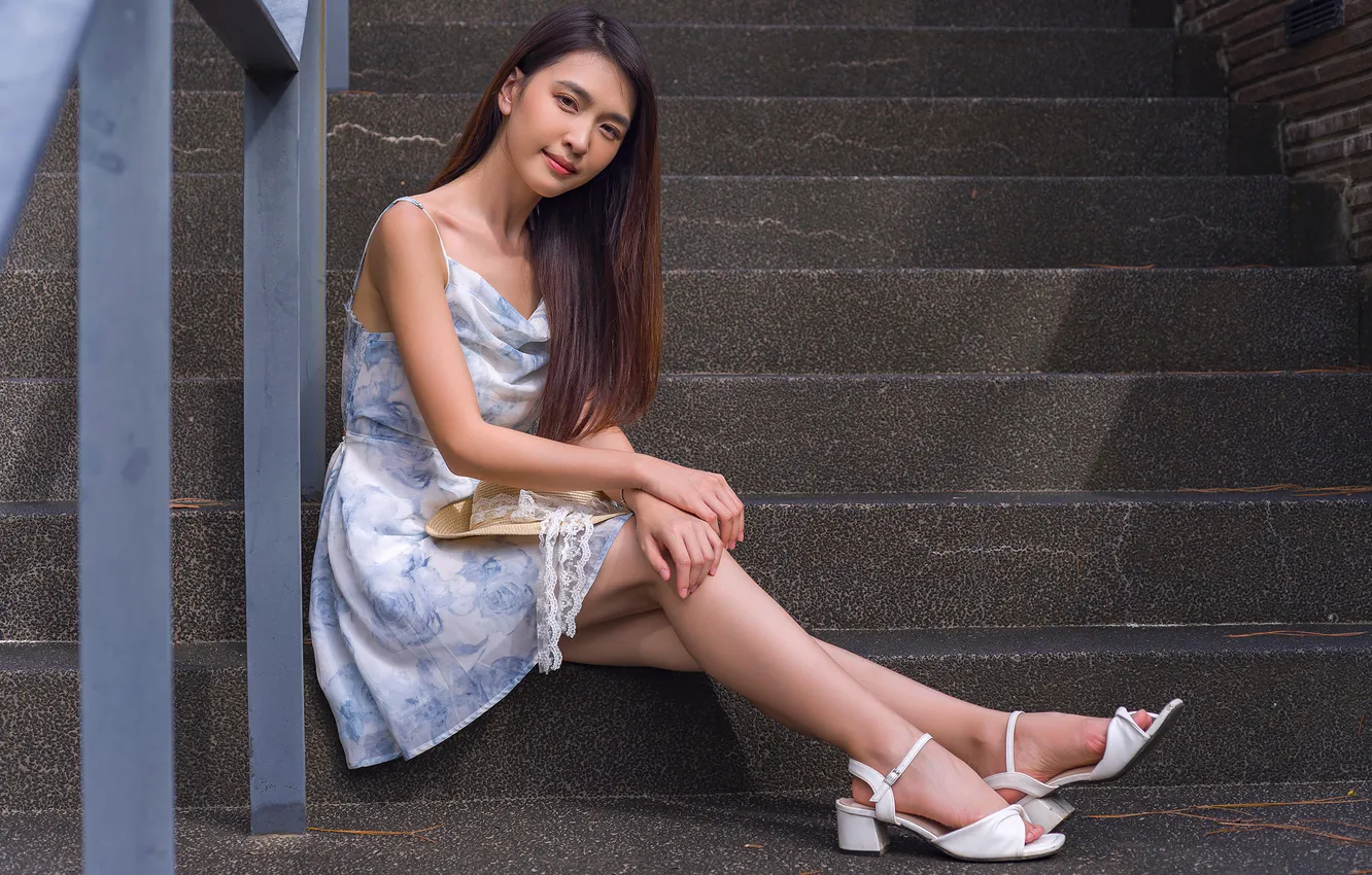 Photo wallpaper Asian, ladder, hat, sitting, dress, feet