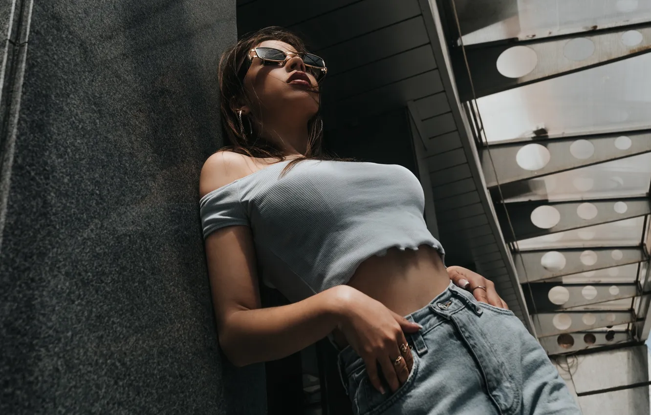 Photo wallpaper girl, model, jeans, brunette, red lipstick, women with glasses, Maks Miron, women with shades