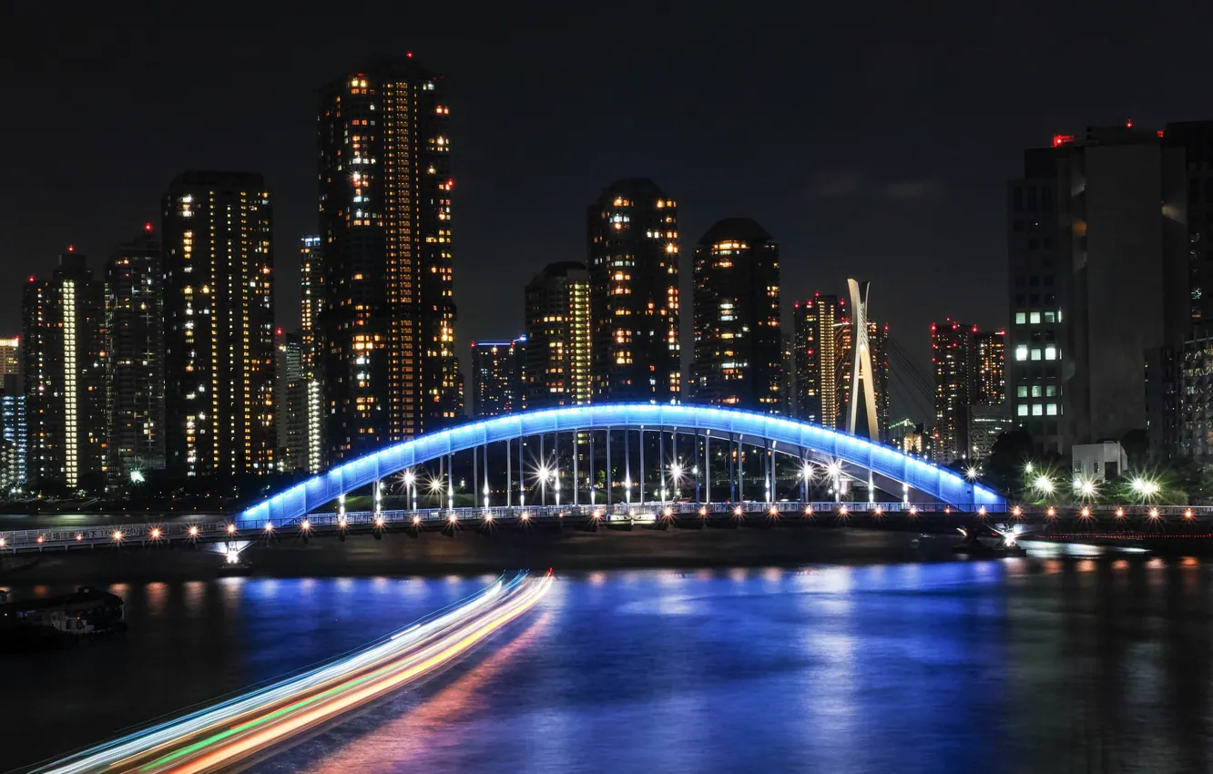 Photo wallpaper night, bridge, lights, building