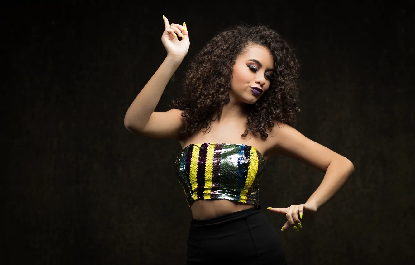 Photo wallpaper pose, manicure, the dark background, curly, Camila