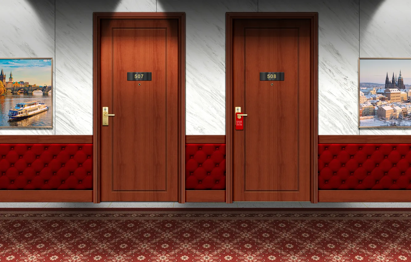 Photo wallpaper hotel, door, carpet, Praha, hallway, picture frame