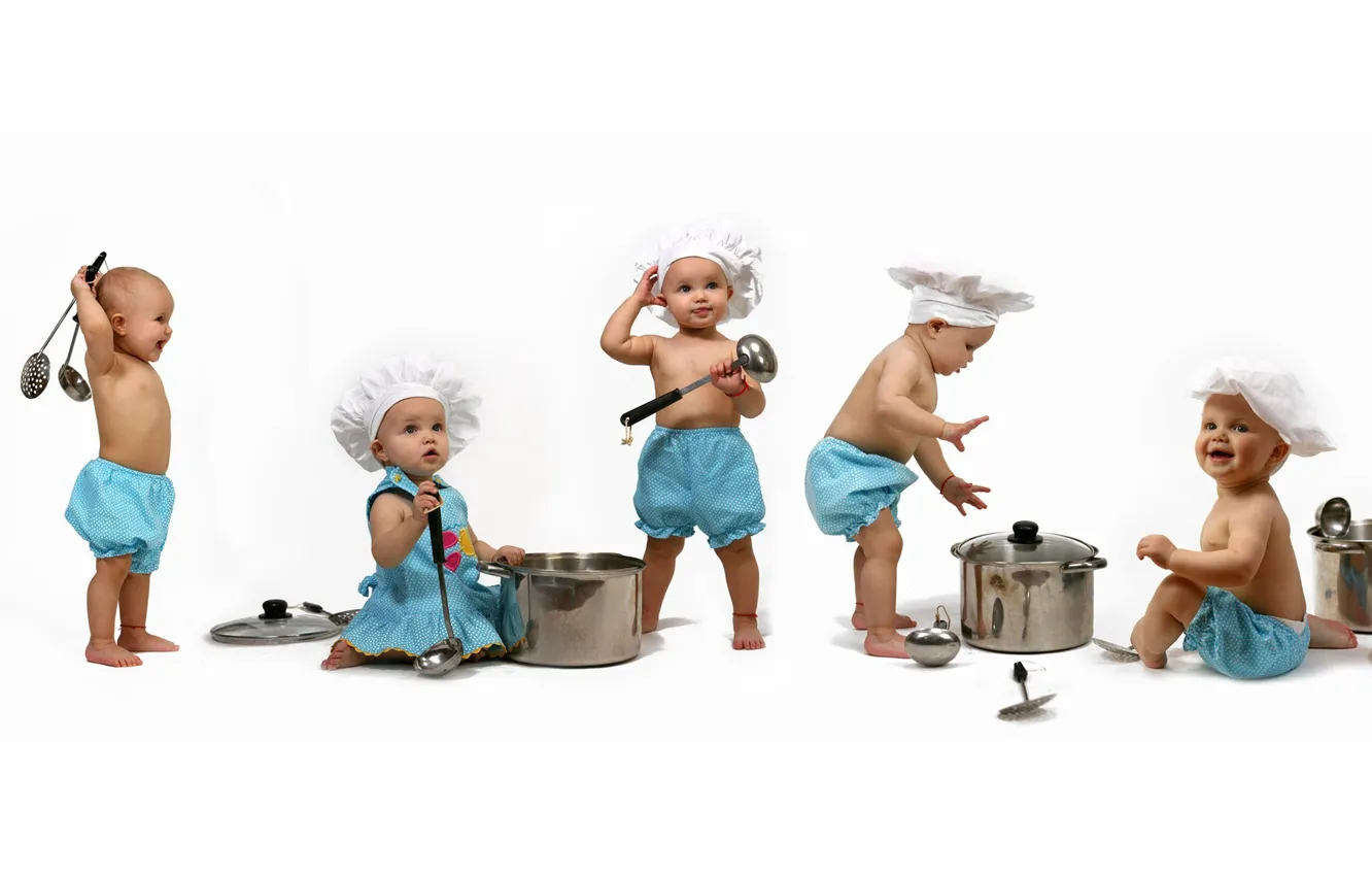 Photo wallpaper children, child, baby, dishes, pots, cooks