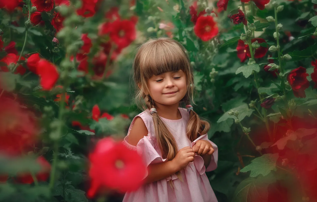 Photo wallpaper flowers, nature, smile, thickets, dress, girl, braids, child