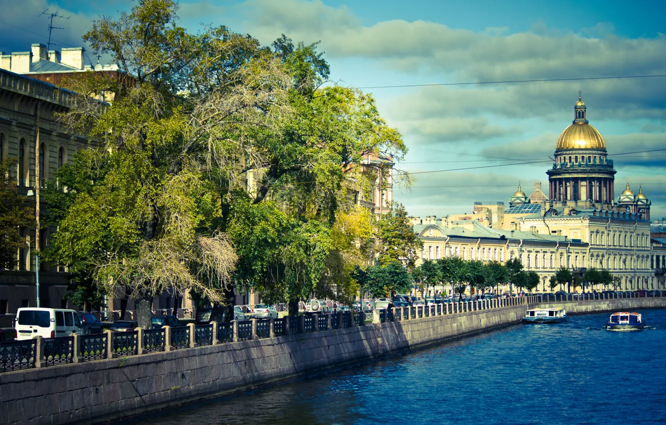 Photo wallpaper river, building, home, boats, Russia, promenade, Peter, Saint Petersburg