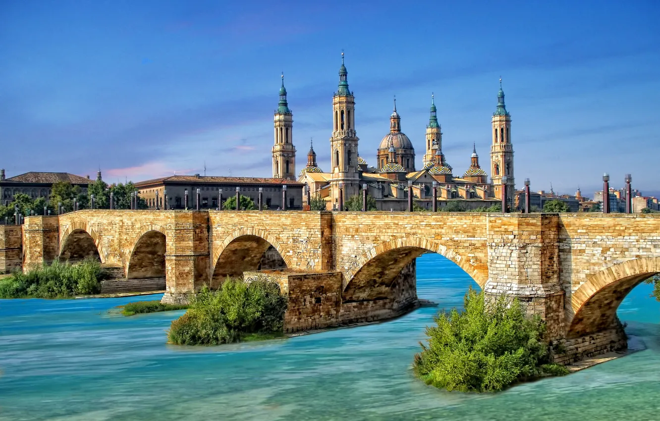 Photo wallpaper the sky, bridge, Spain, Zaragoza, Basílica de Nuestra Señora del Pilar, the river Ebro