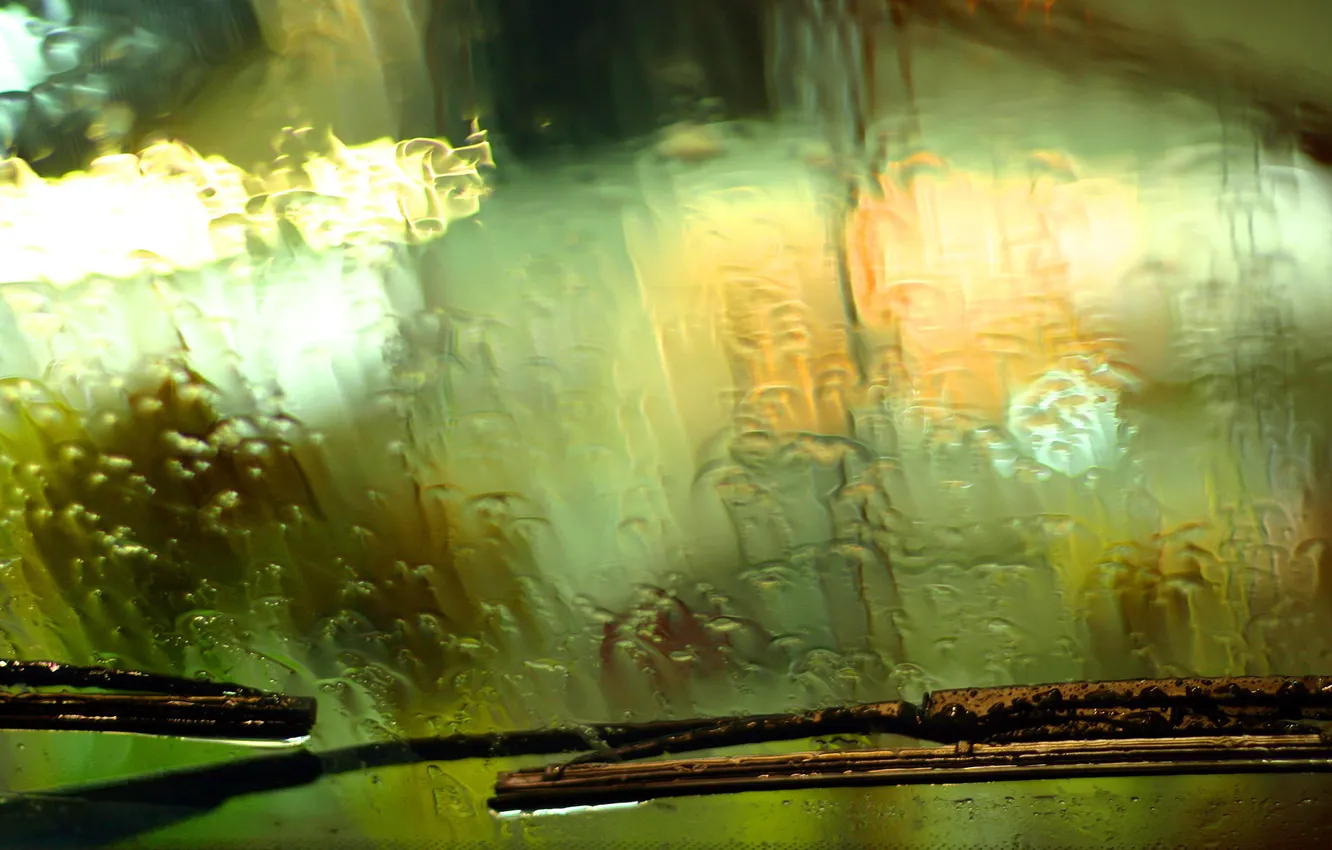 Photo wallpaper machine, glass, drops, rain, wipers