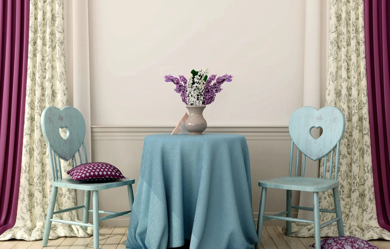 Photo wallpaper table, room, chairs, interior, lilac