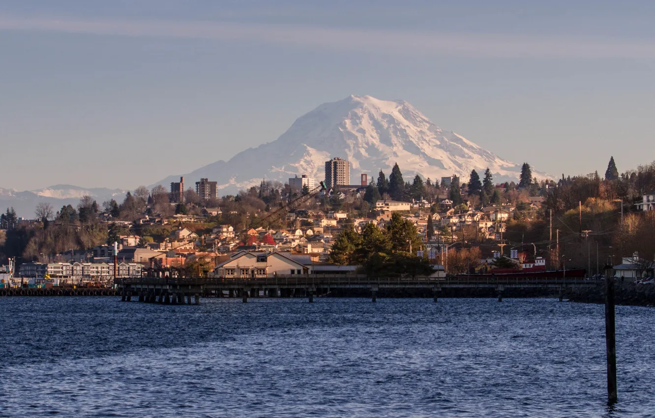 Photo wallpaper USA, United States, river, trees, mountain, america, houses, Washington