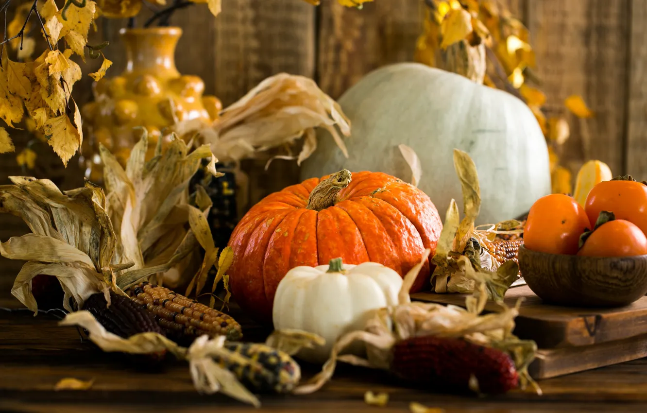 Photo wallpaper autumn, table, corn, harvest, pumpkin, persimmon