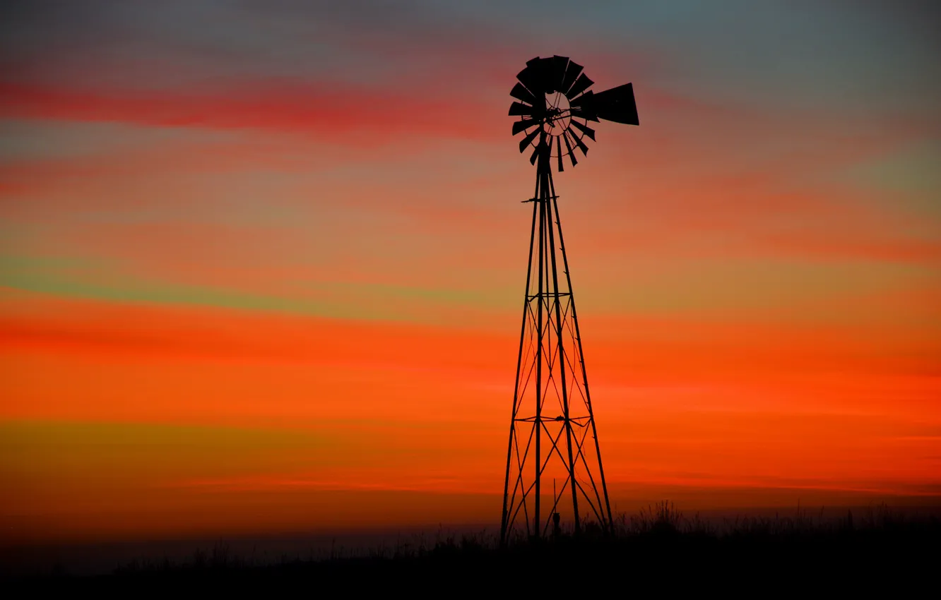 Photo wallpaper landscape, sunset, windmills
