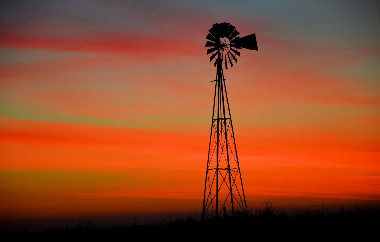 Photo wallpaper landscape, sunset, windmill