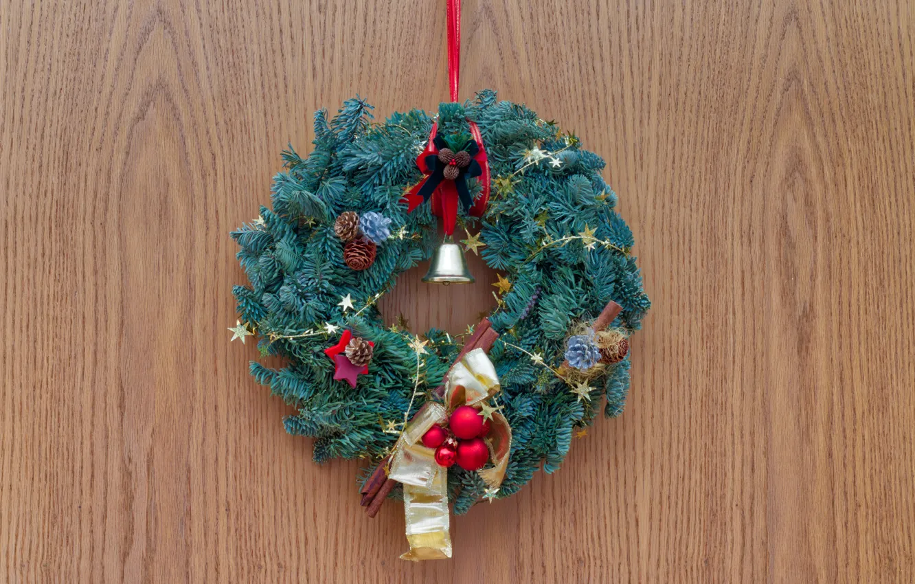 Photo wallpaper winter, balls, wall, holiday, new year, Christmas, bells, needles