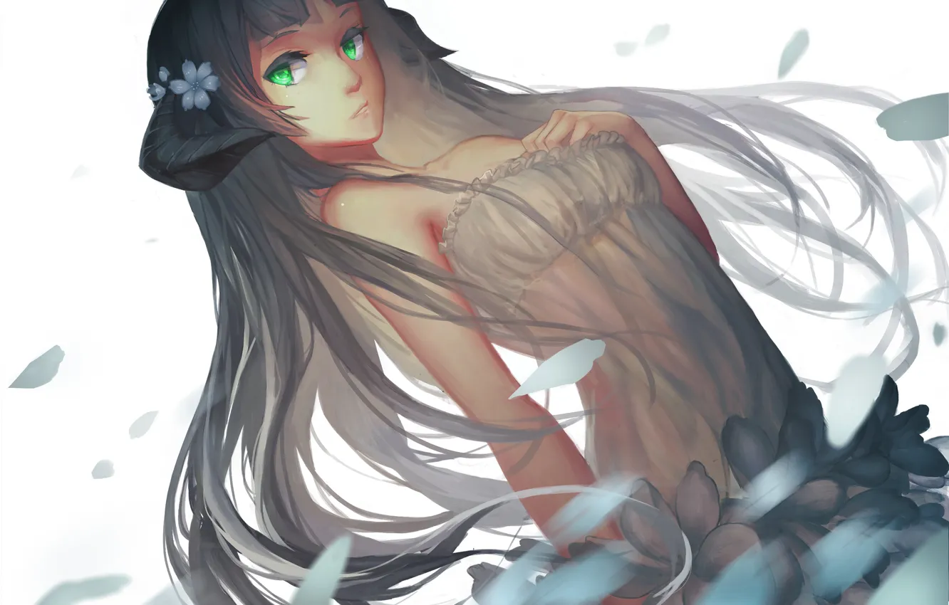 Photo wallpaper girl, flowers, anime, petals, art, horns, ghostas