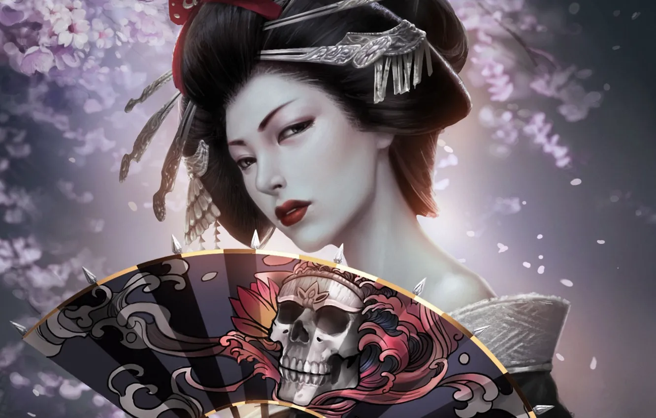 Photo wallpaper girl, skull, Sakura, fan, art, hairstyle, geisha, kimono