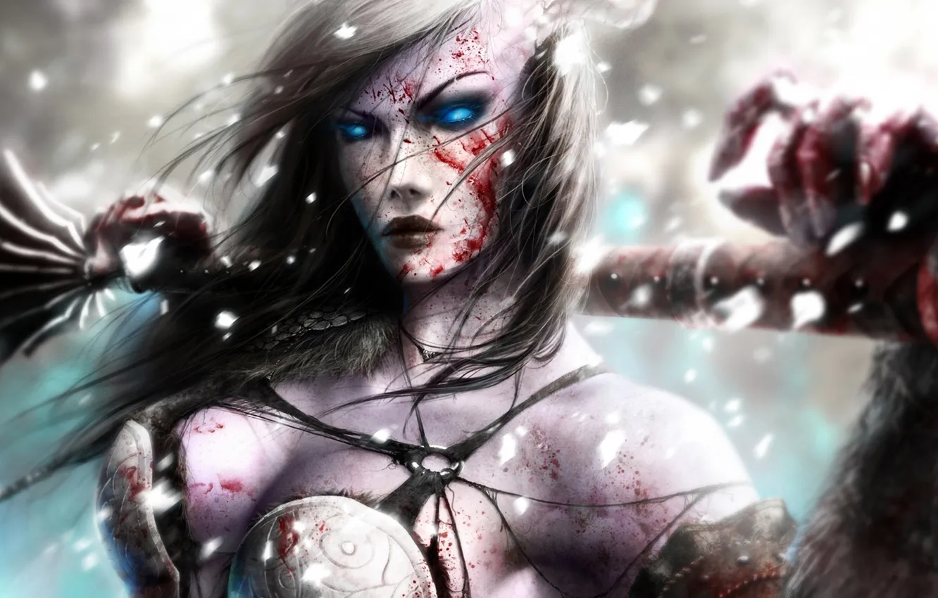 Photo wallpaper winter, look, girl, snow, face, the wind, blood, warrior