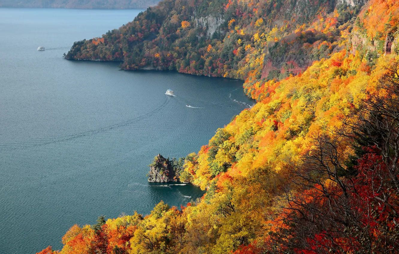 Photo wallpaper sea, autumn, trees, mountains, ship, boat