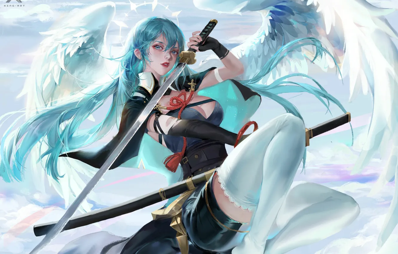 Photo wallpaper katana, corset, Cape, blue hair, halo, blade, angel, sheath