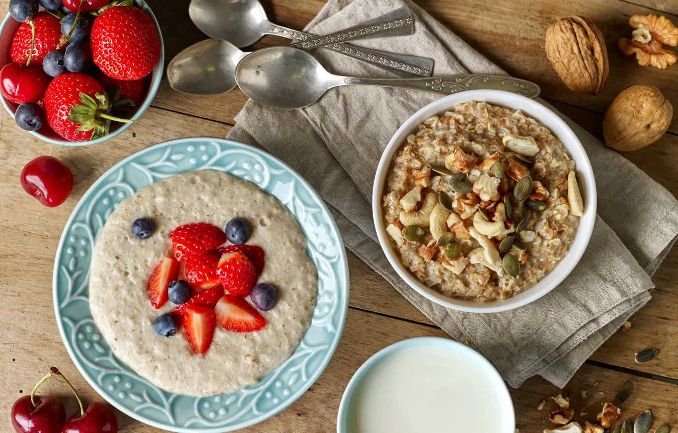 Photo wallpaper berries, Breakfast, blueberries, nuts, breakfast, muesli, oatmeal