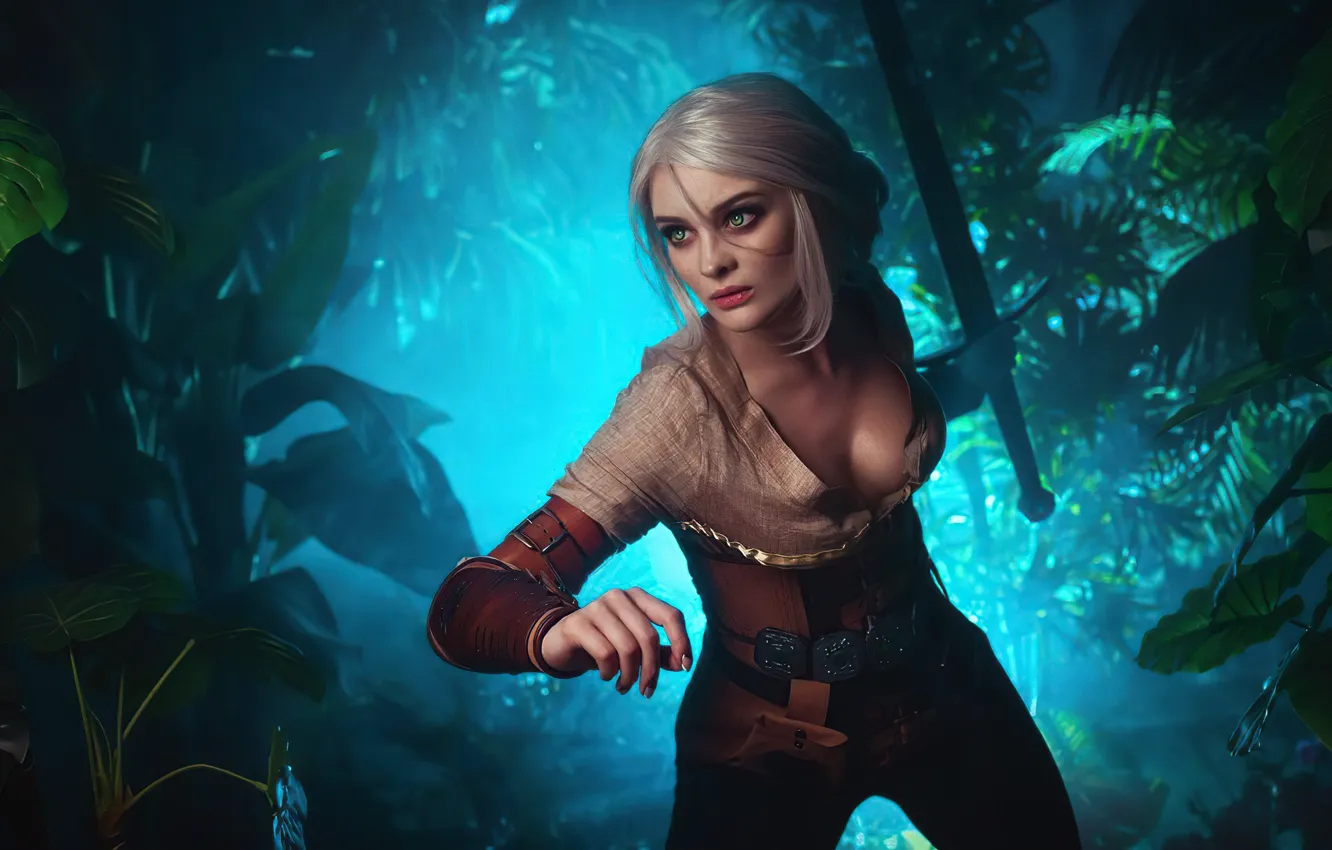 Photo wallpaper chest, eyes, look, girl, thickets, sword, girl, scar