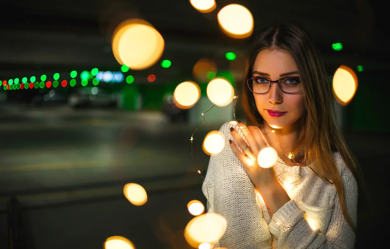 Photo wallpaper look, girl, lights, glasses, Dmitry Medved
