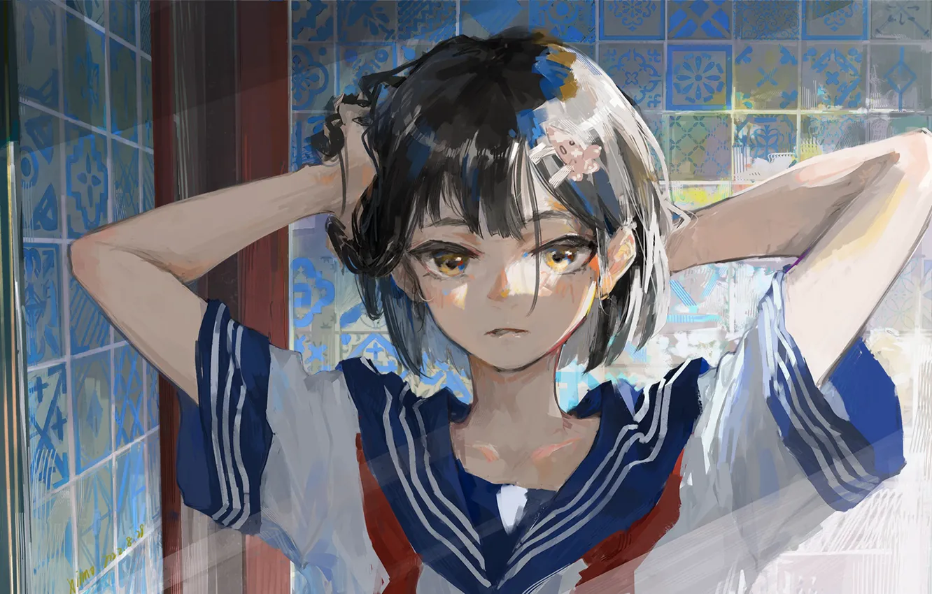 Photo wallpaper girl, mirror, schoolgirl