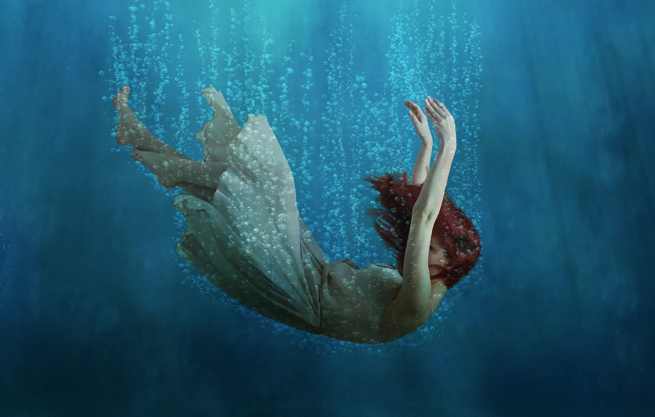 Photo wallpaper depth, dress, red hair, dress, dip, diving, air bubbles, Red hair