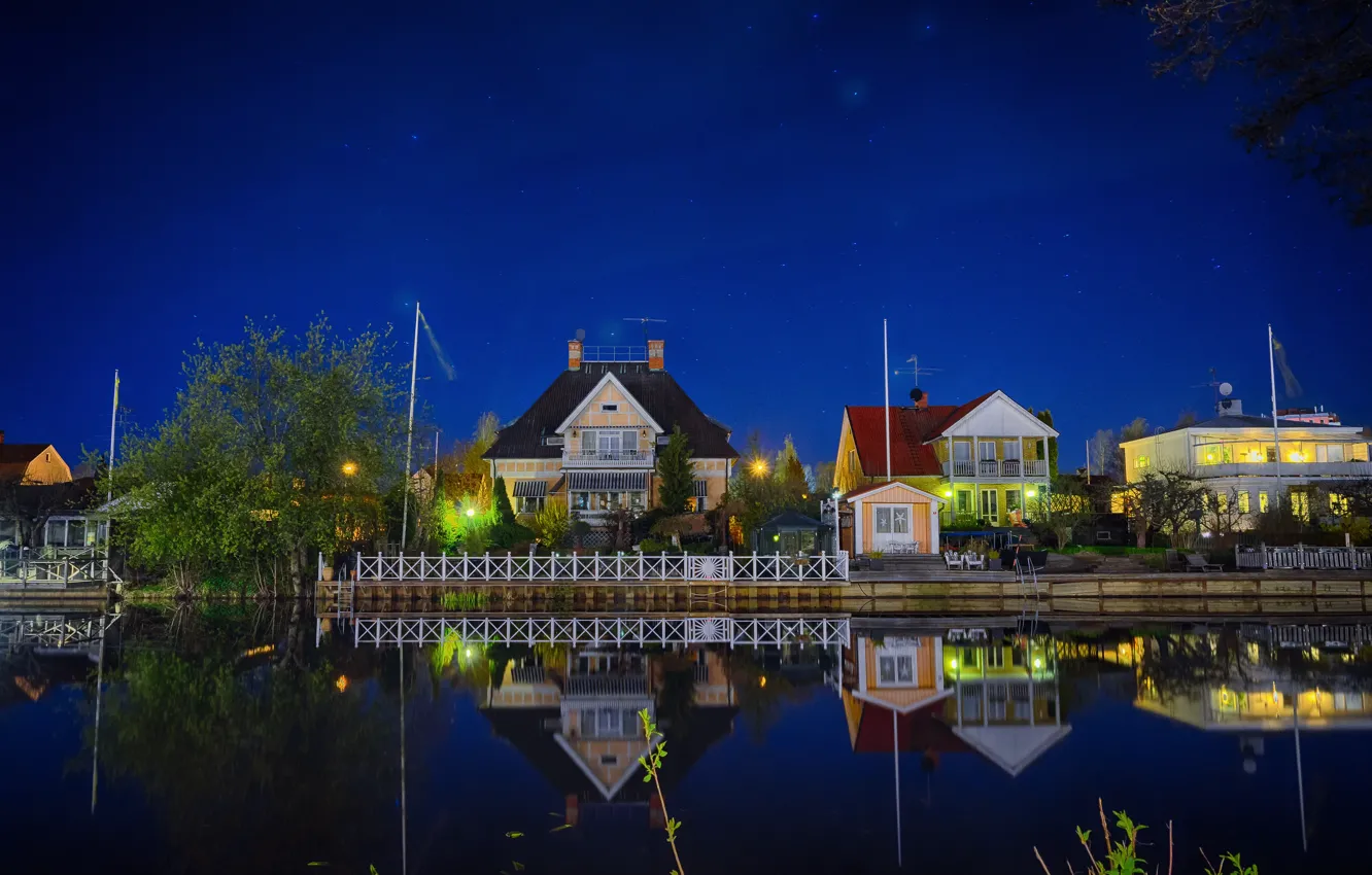 Photo wallpaper the sky, stars, night, the city, pond, street, home, sky