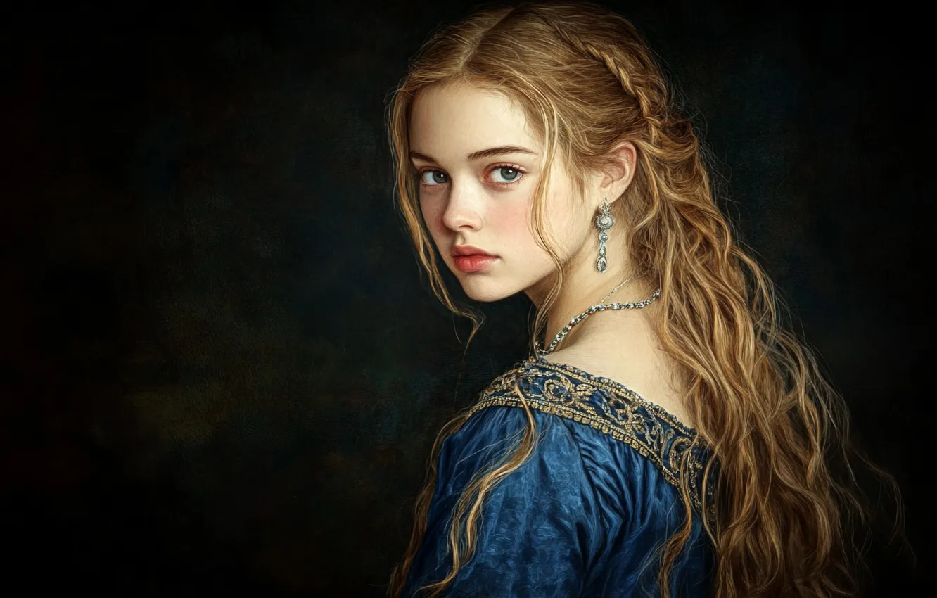Photo wallpaper look, girl, portrait, black background, blue dress, Rus, imitation painting, AI art