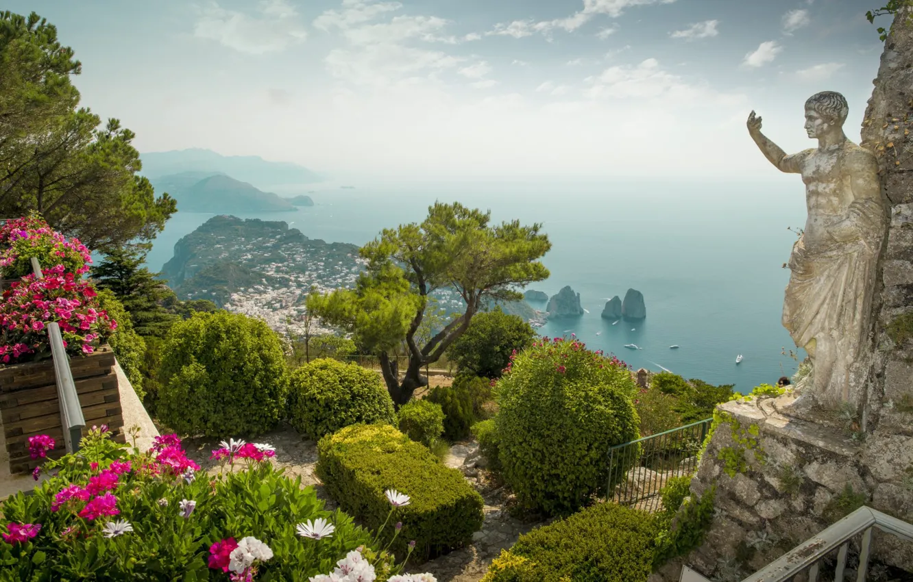 Photo wallpaper sea, flowers, Italy, panorama, statue, the bushes, Capri