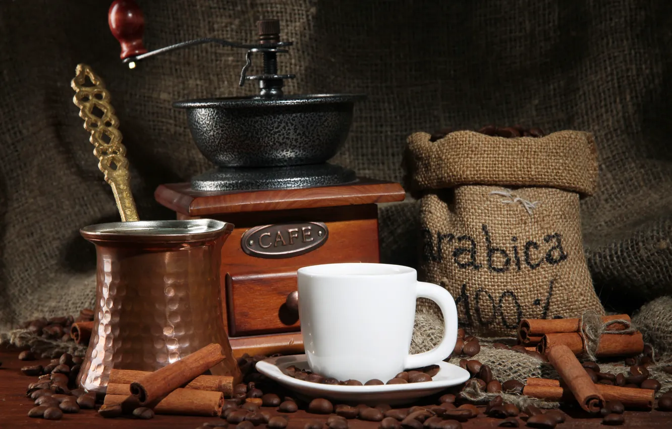 Photo wallpaper coffee, Cup, cinnamon, grains, natural, Turk, coffee grinder