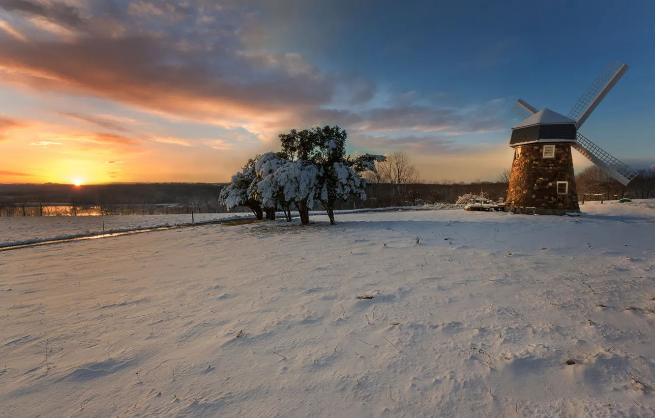 Photo wallpaper winter, sunset, lake, Dutch windmill, Connecticut