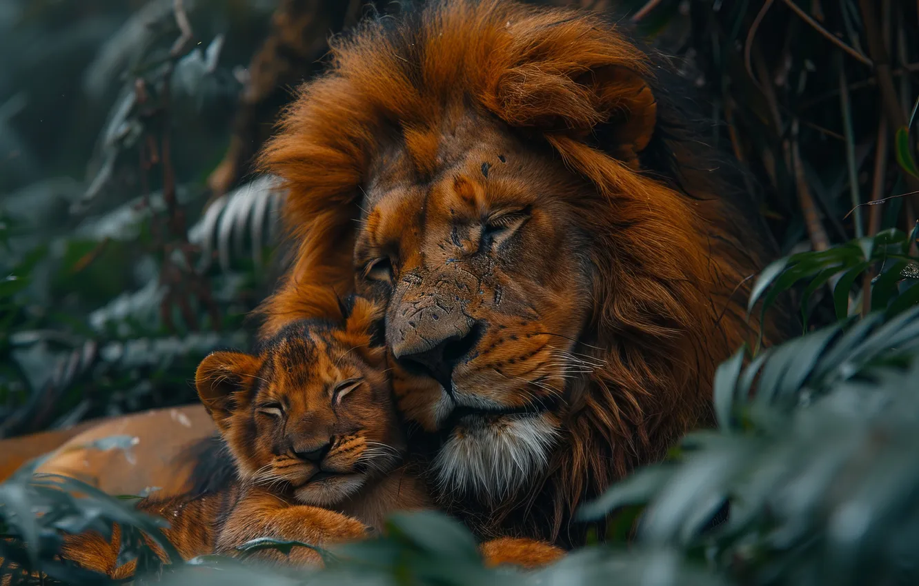 Photo wallpaper Kitty, Leaves, Leo, Face, Two, Lion, Digital art, Predators