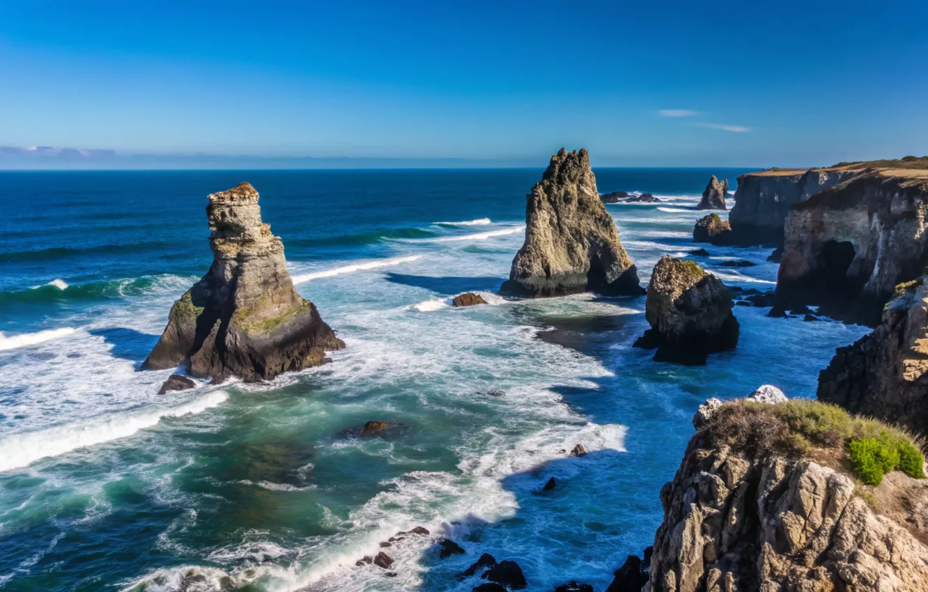 Photo wallpaper sea, wave, clouds, rocks, shore, waves, sea, ocean