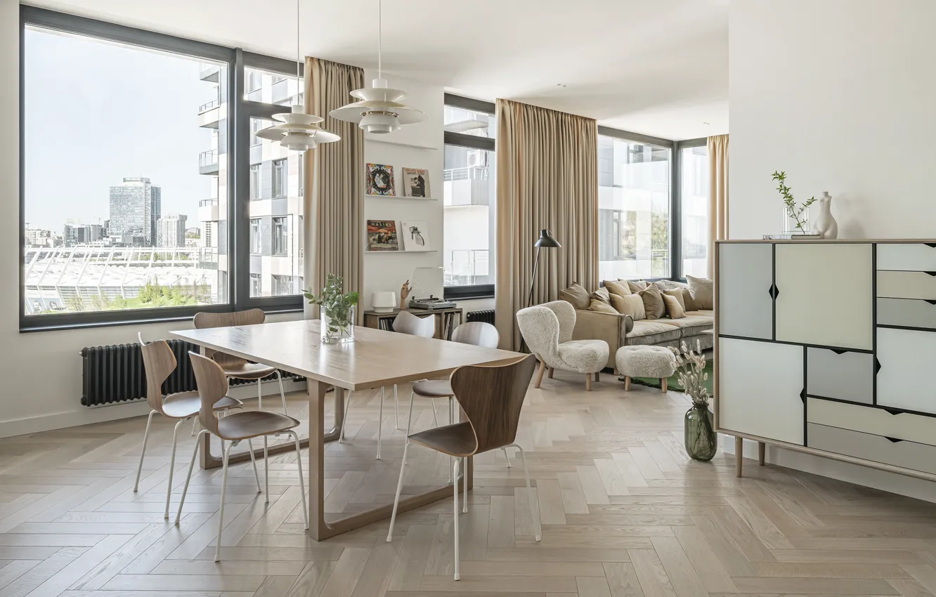 Photo wallpaper design, interior, living room, Kiev, dining room, Scandinavian style, Norse, by 33bY Architecture