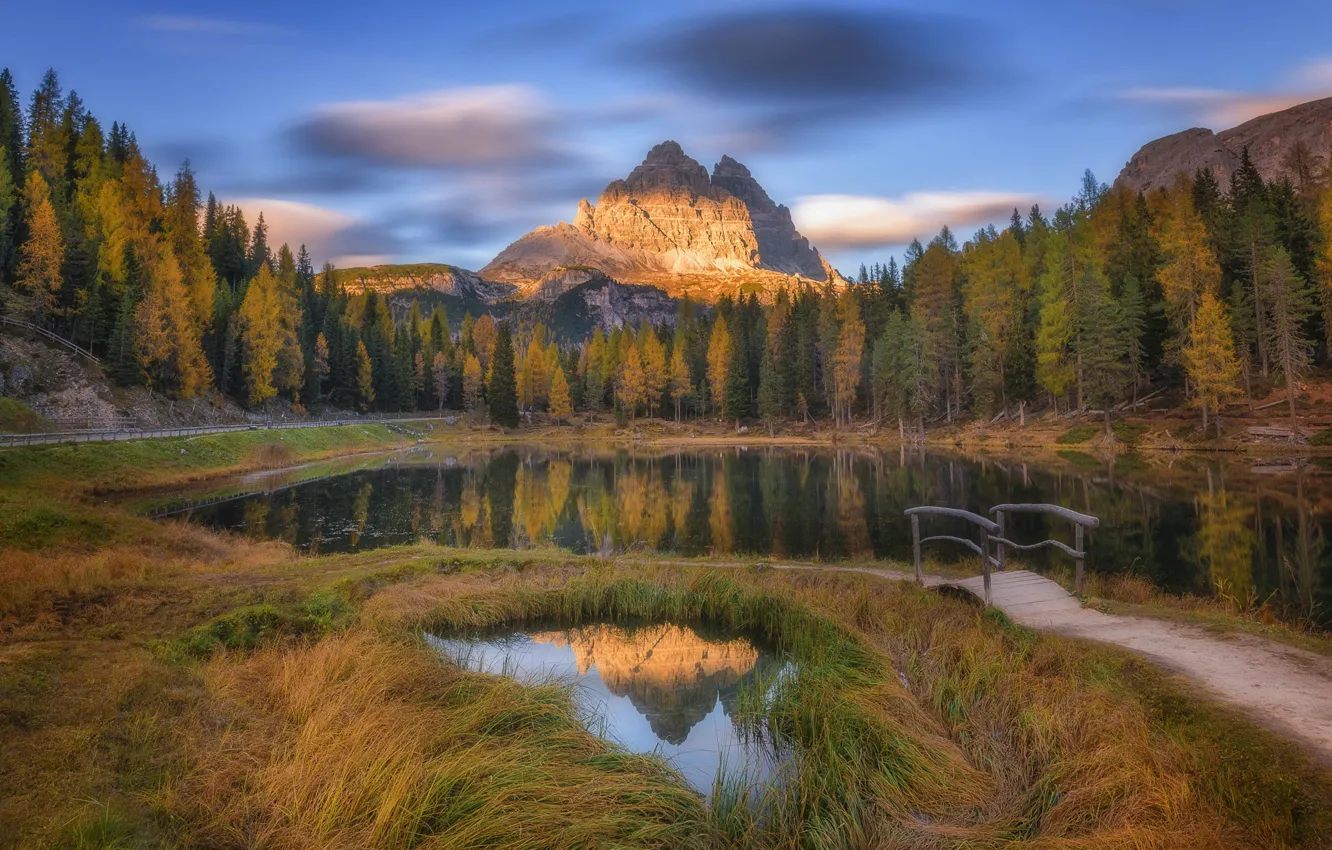 Photo wallpaper autumn, forest, the sky, grass, clouds, light, mountains, lake